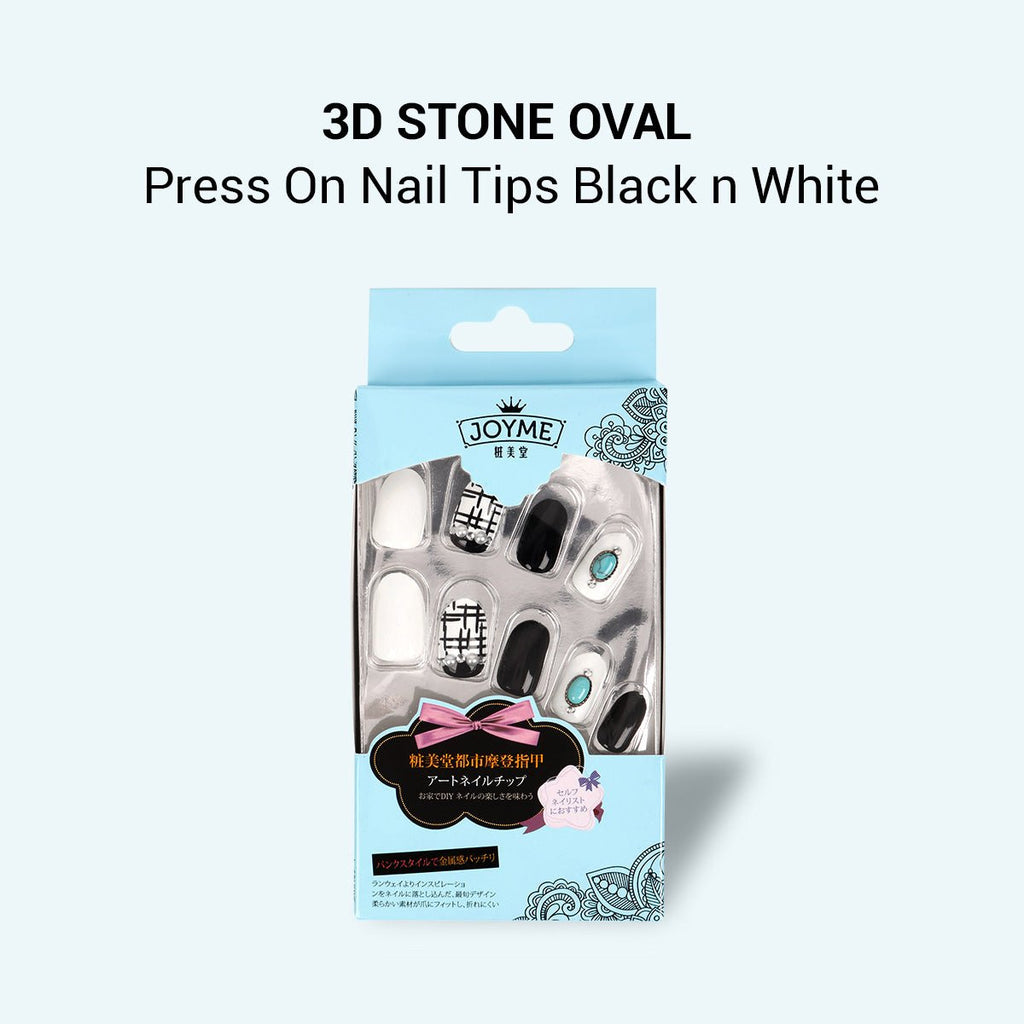 3D Stone Oval Design Press On Nail Tips Black n White - ikatehouse