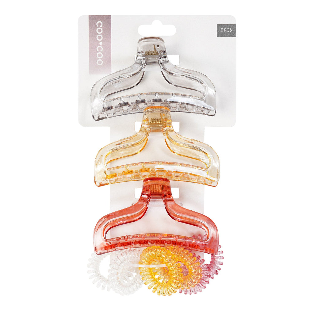 Coo Coo Triple Color Clear Jaw Clip & Spiral Hair Ties Set - ikatehouse