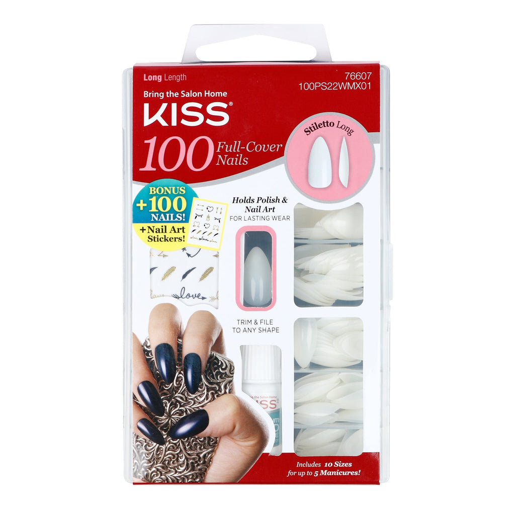 Kiss Bring the Salon Home Full Cover Nails 100 Tips Long Length Stiletto - ikatehouse