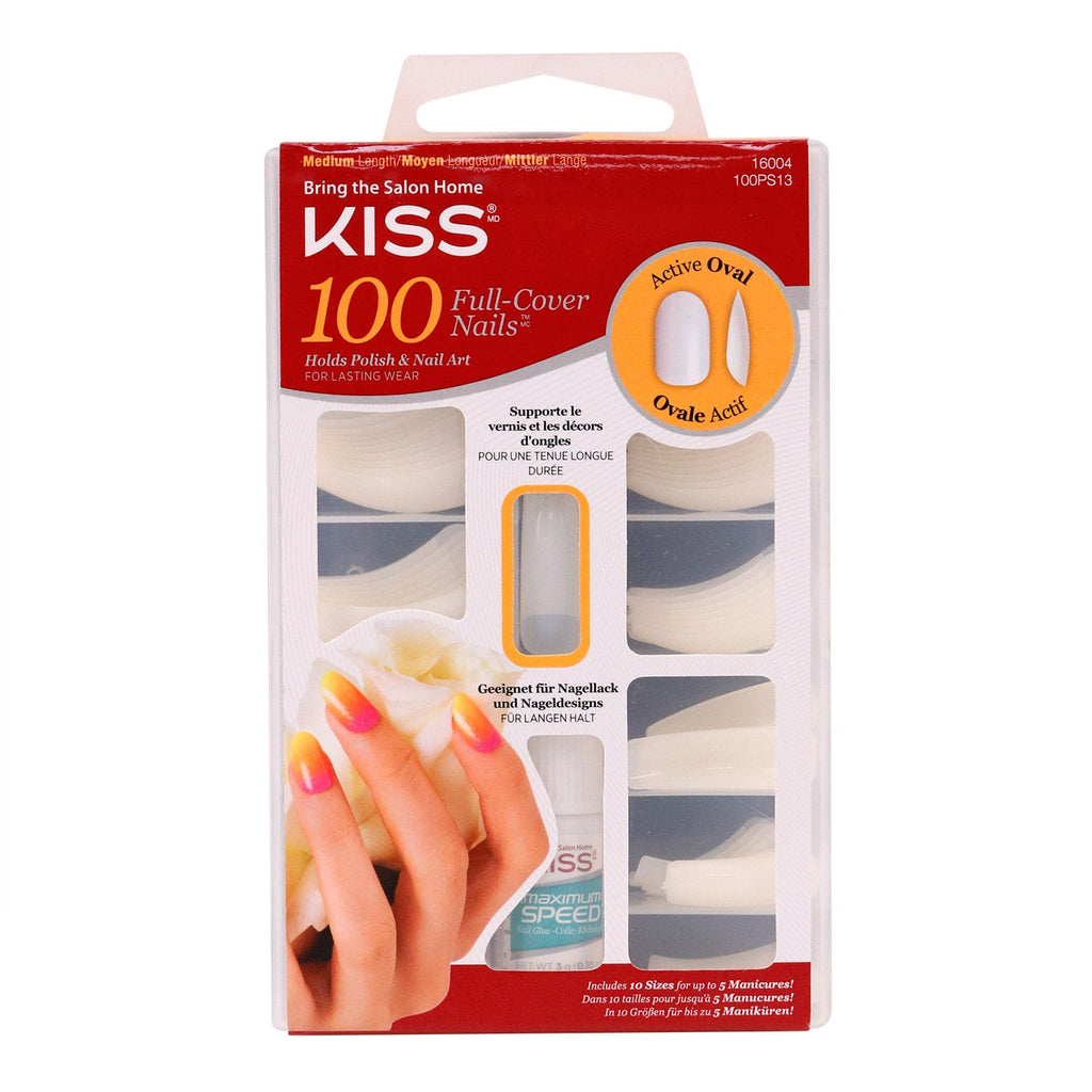Kiss Bring the Salon Home Full Cover Nails 100 Tips Medium Length Active Oval - ikatehouse