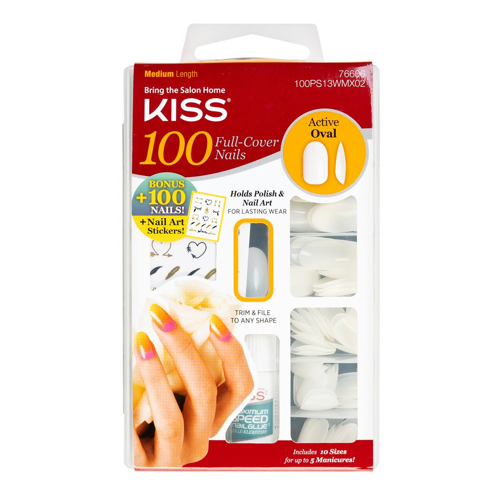 Kiss Bring the Salon Home Full Cover Nails 100 Tips Medium Length Active Oval With Sticker - ikatehouse