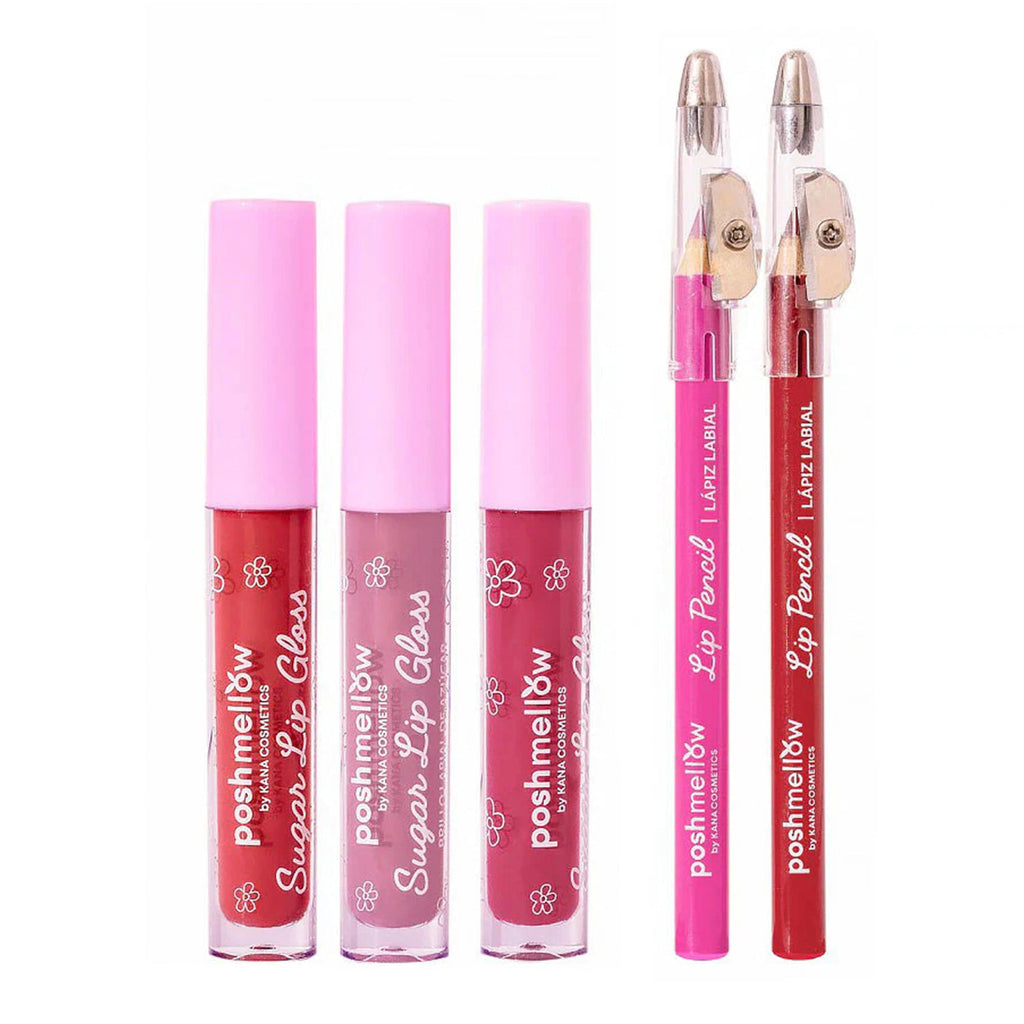 Posh Mellow Sugar Lips Please Lip Gloss & Liner Collection Set 5pcs - ikatehouse
