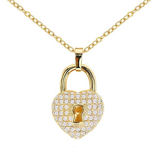 Cubic Zirconia Heart & Lock Pendant Necklace - ikatehouse