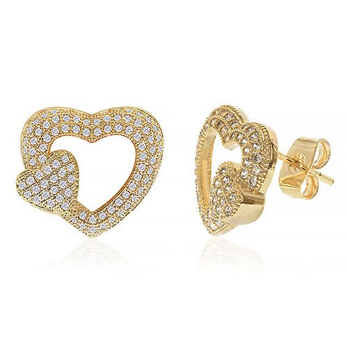 Diamond Look Cubic Zirconia Micro Pave Double Heart Earring - ikatehouse