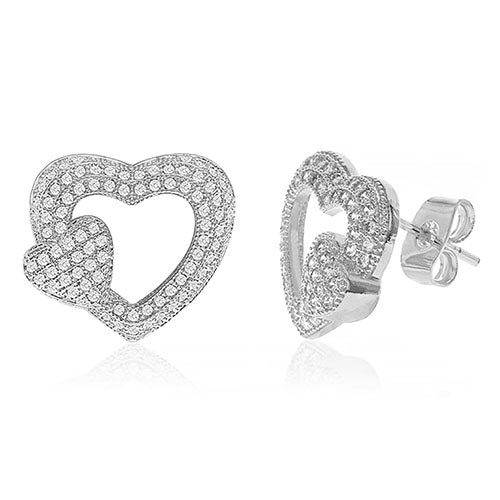 Diamond Look Cubic Zirconia Micro Pave Double Heart Earring - ikatehouse