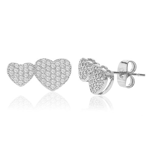 Diamond Look Cubic Zirconia Micro Pave Side By Side Heart Earring - ikatehouse