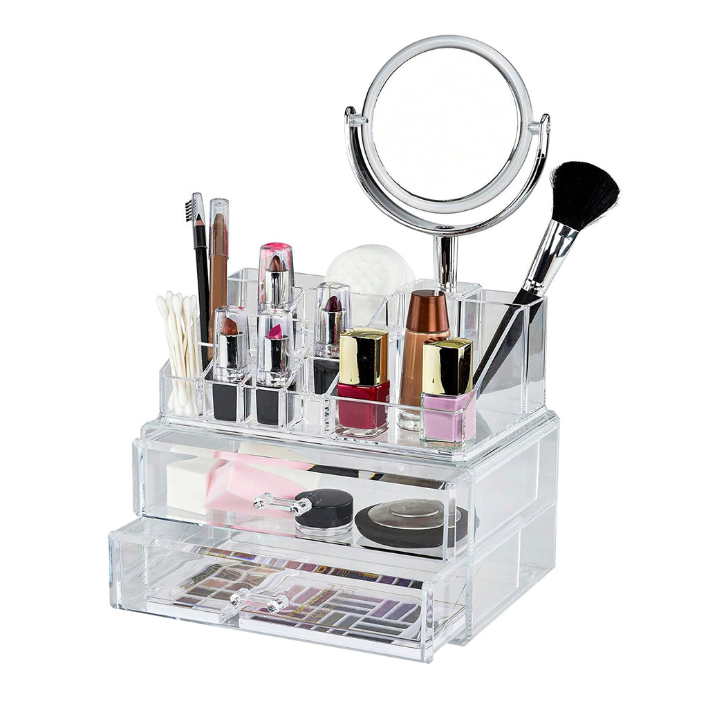 Elle Clear Acrylic Cosmetic Organizer with Vanity Mirror - ikatehouse