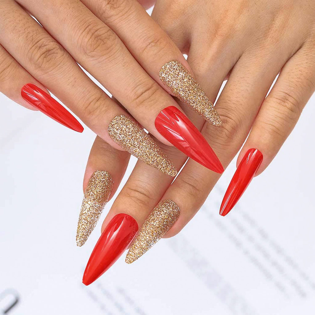 Full Cover Red n Gold Design Long Stiletto False Nail Tips - ikatehouse