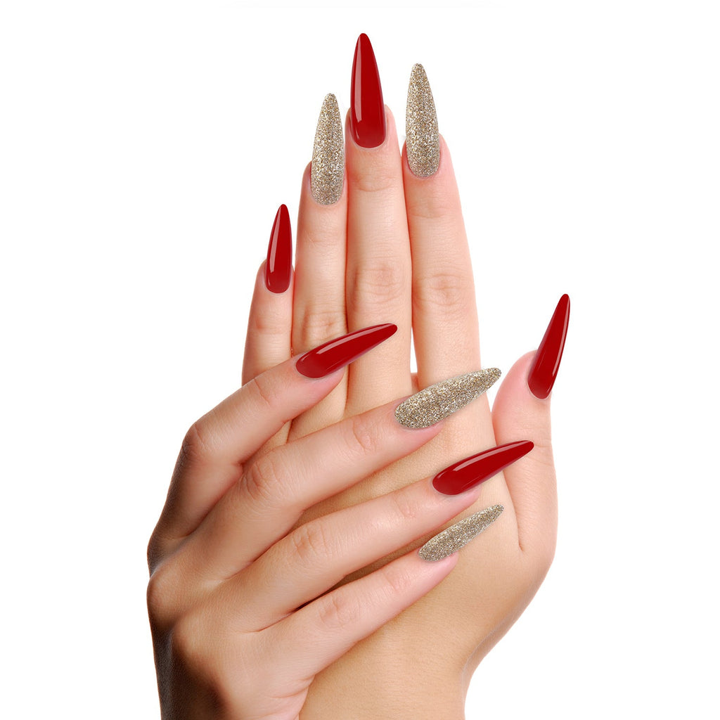 Full Cover Red n Gold Design Long Stiletto False Nail Tips - ikatehouse