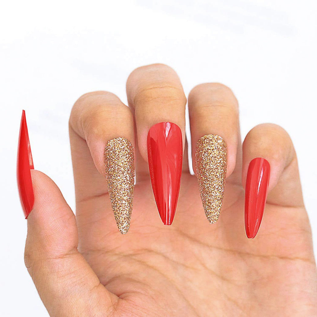 Full Cover Red n Gold Design Long Stiletto False Nail Tips - ikatehouse